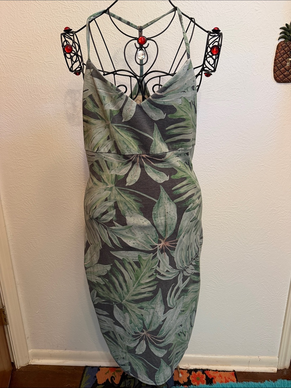 🌴🌴🌴BOGOHO🌴🌴🌴Chaser Green Tropical Leaf Print Spaghetti-Strap Dress-Large